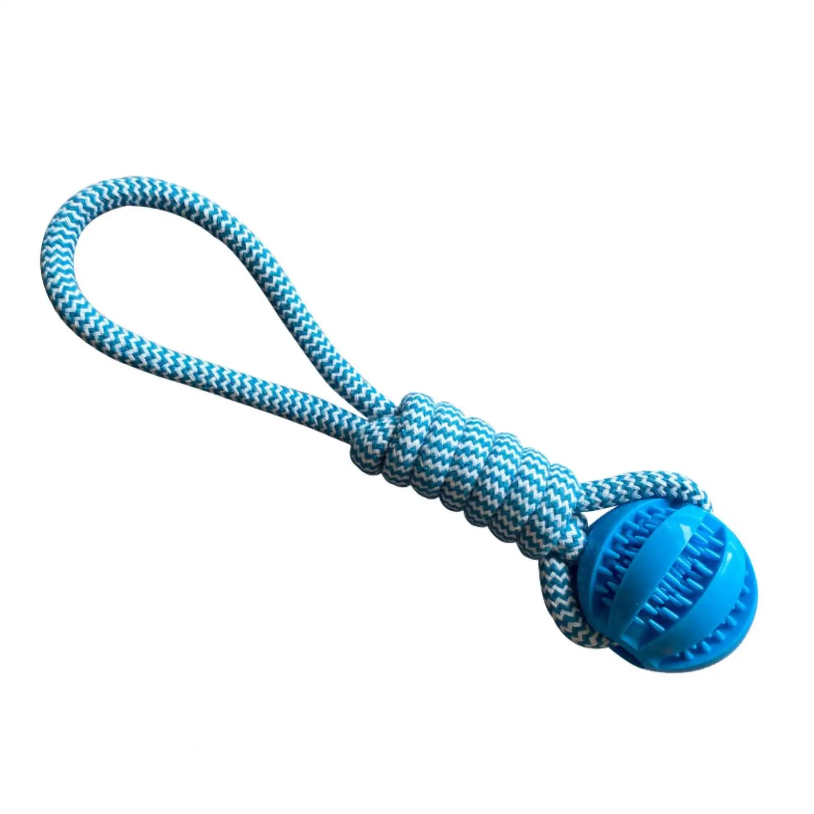 Front view of the standalone light blue braided fiber rope loop toy attached to a dark blue textured rubber ball