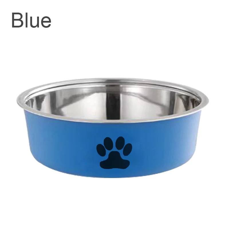Dark blue stainless steel dog food bowl with a paw print design