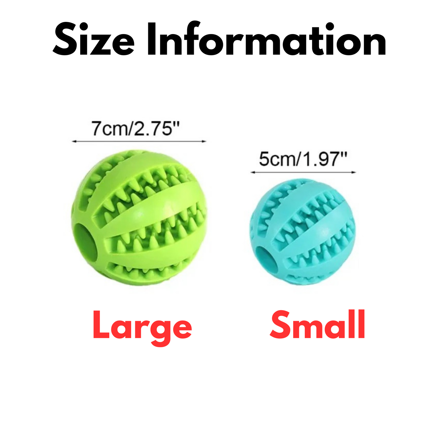 Product size information comparison showing a large green ball measures seven centimeters and a small blue ball measures five centimeters