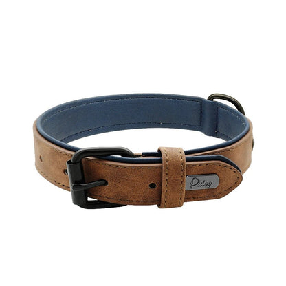 A dark coffee brown classic padded leather dog collar with metal belt buckle closure