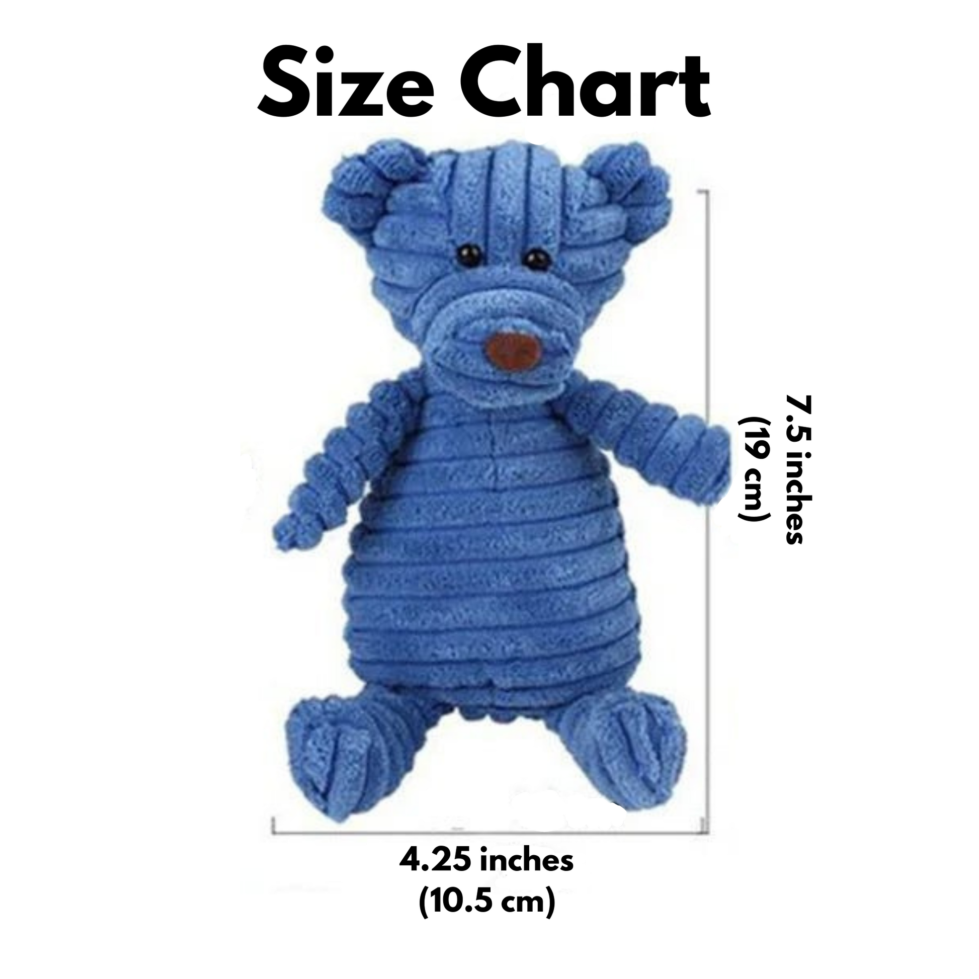 Product size chart showing a blue plush bear measures seven point five inches high and four point twenty five inches wide