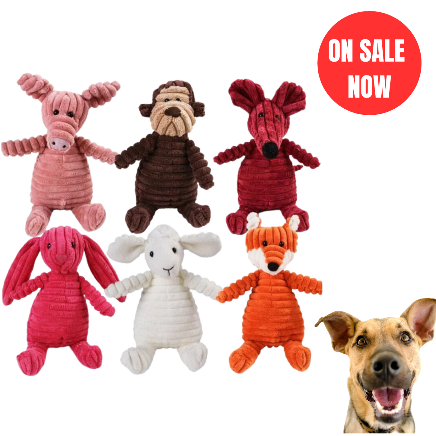 A collection of seven different colored corduroy plush animal dog toys including a pig bear and fox with an on sale now badge next to a smiling dog