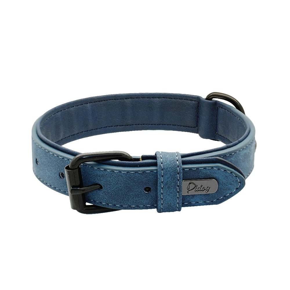 A dark navy blue soft padded synthetic leather dog collar