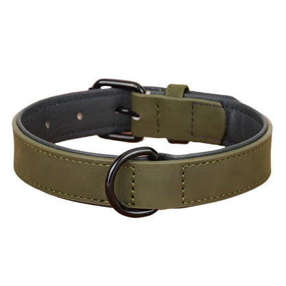 A deep forest green adjustable padded faux leather dog collar