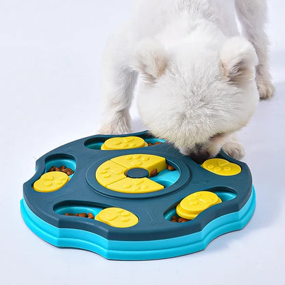 Dog interacting with a blue and yellow puzzle toy on a white background