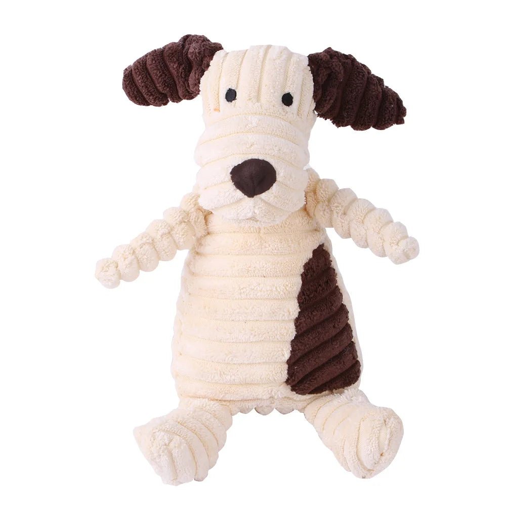 A white plush corduroy dog toy with dark brown spots on its ears and back