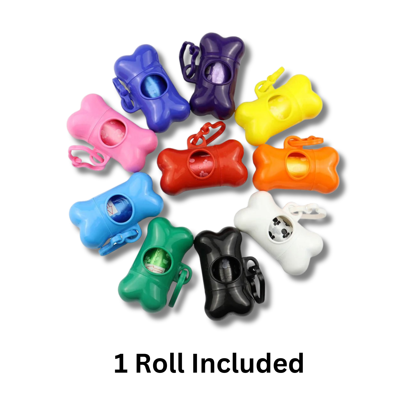 Bone-shaped dog poop bag holders in assorted colors