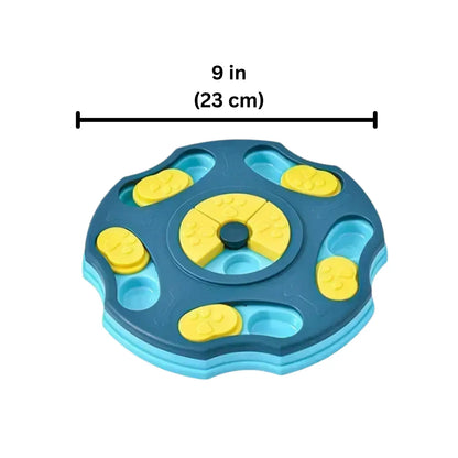 Blue and yellow puzzle toy with measurement label on a white background