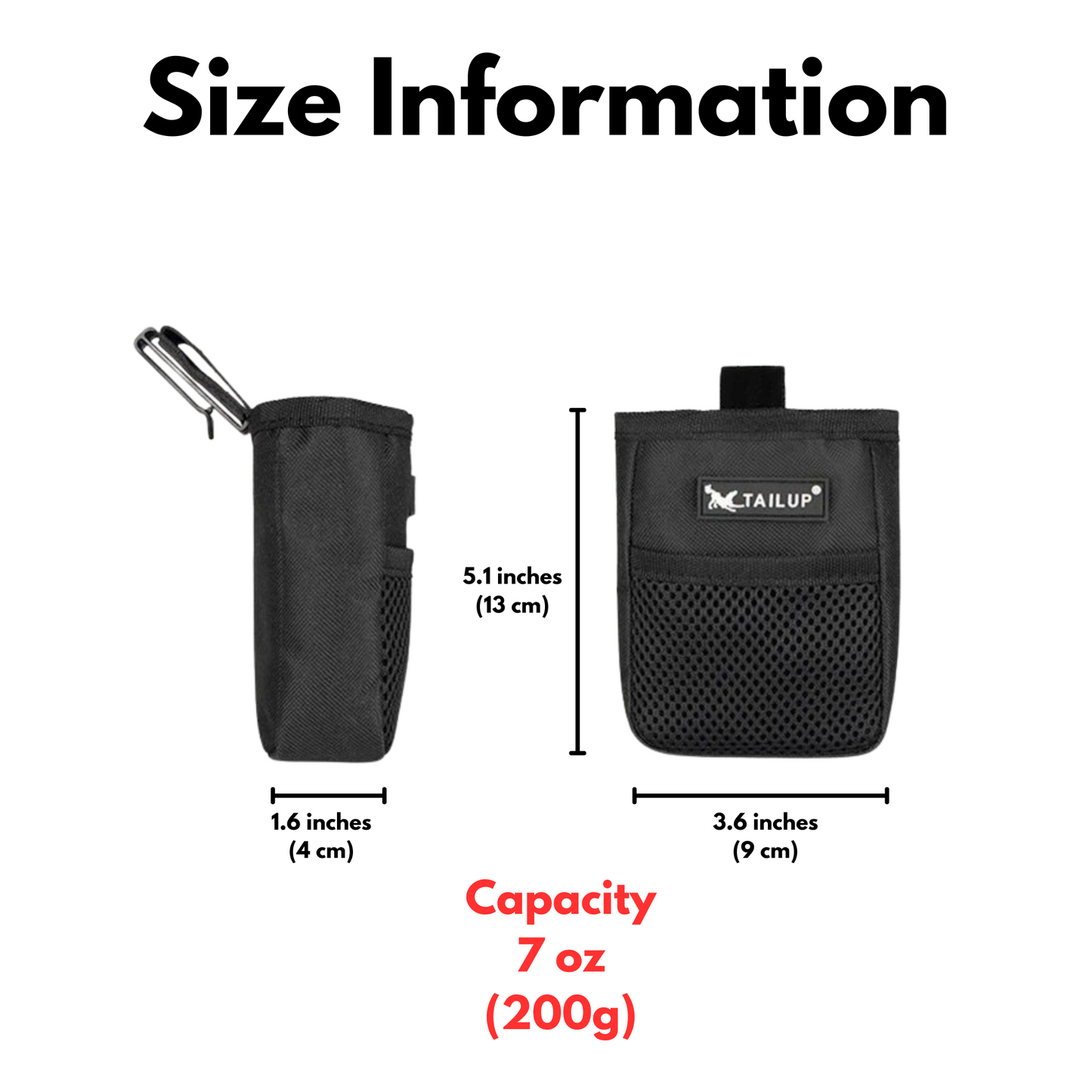 Size information diagram showing dimensions of 5.1 inches by 3.6 inches and 7 ounce treat capacity