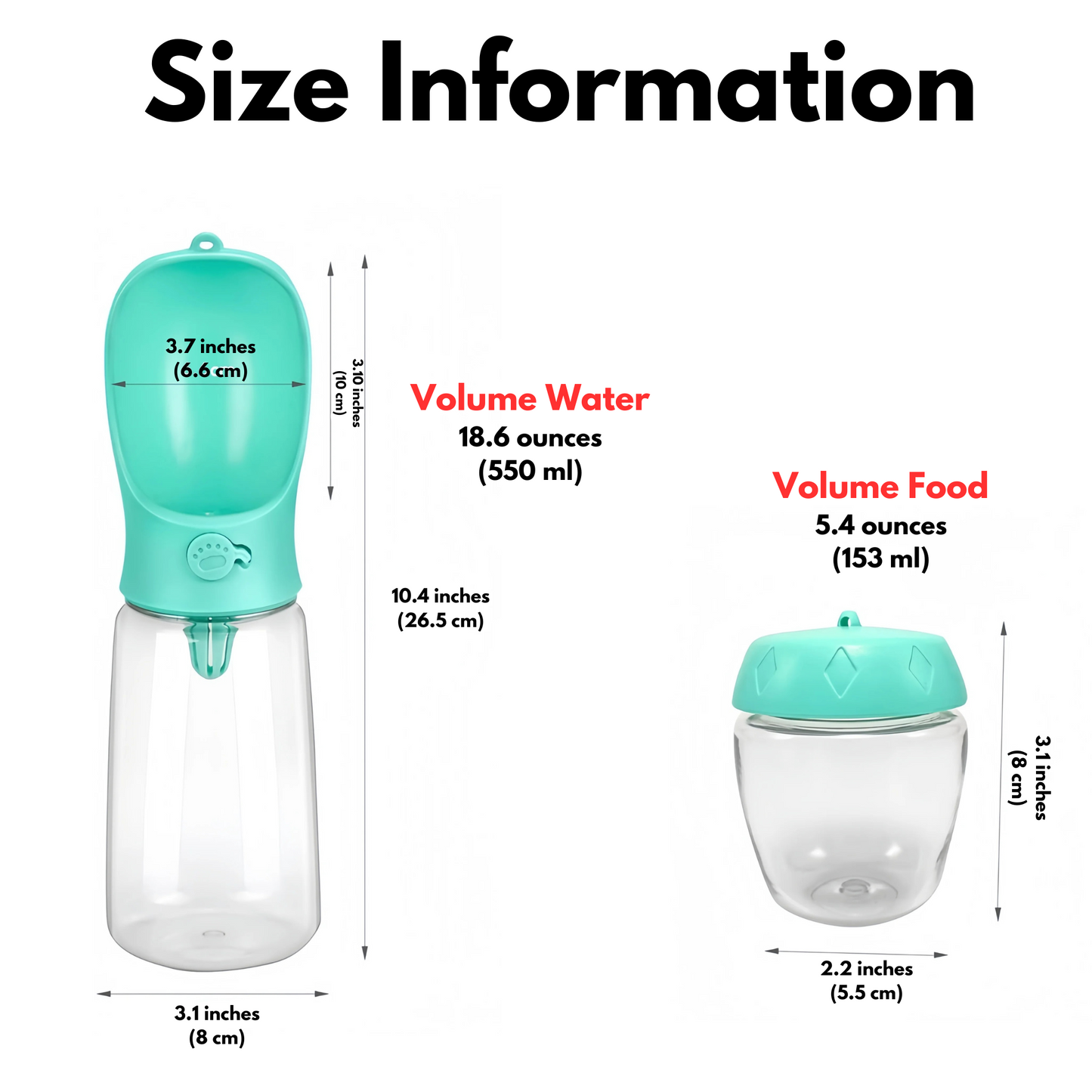 Sizing overview diagram showing the dimensions of the water container and treat chamber sections