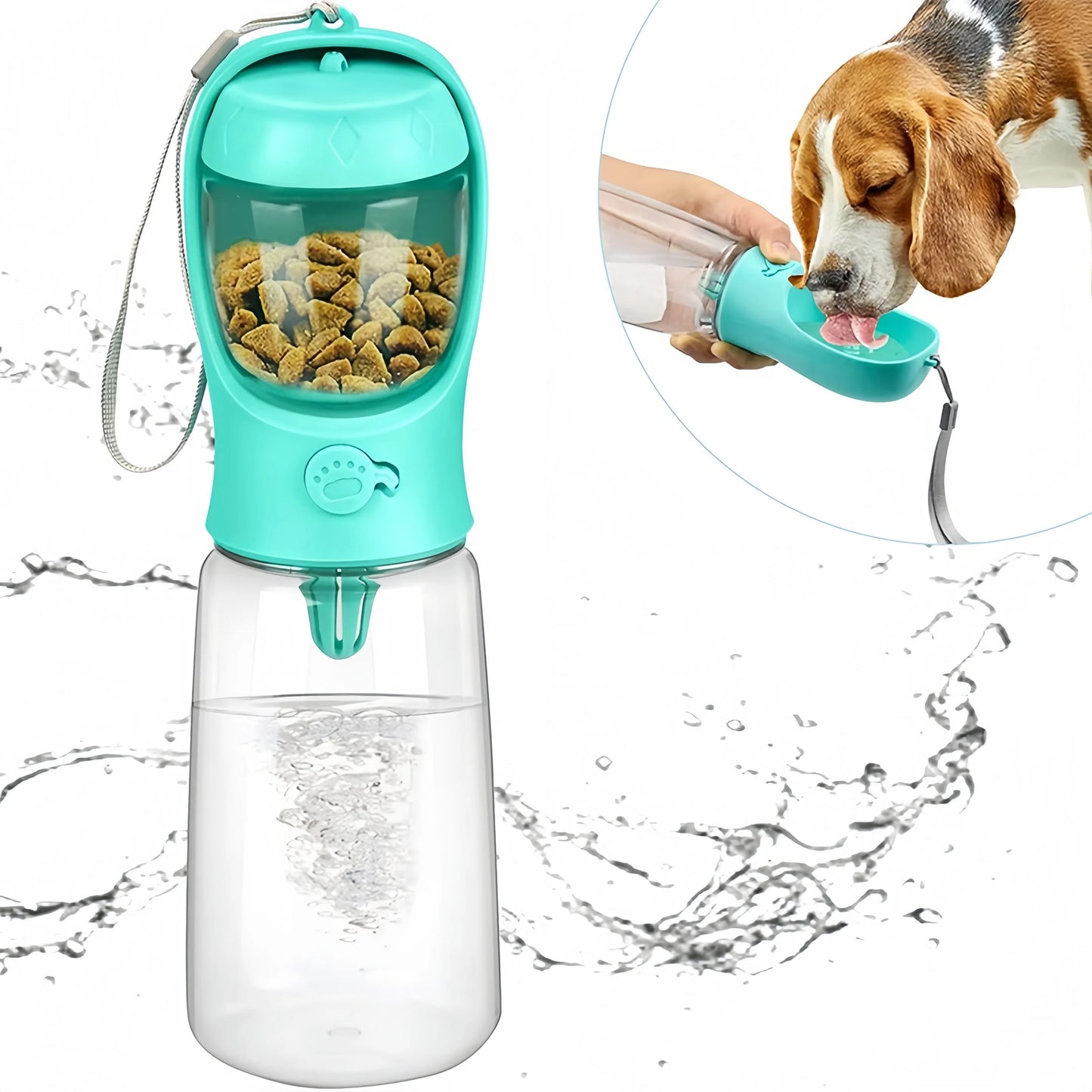 Blue 2-in-1 dog travel water bottle and treat container assembly with splashing water background