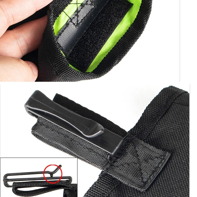 Close up view of the durable plastic belt clip attached to the back of a black dog treat bag