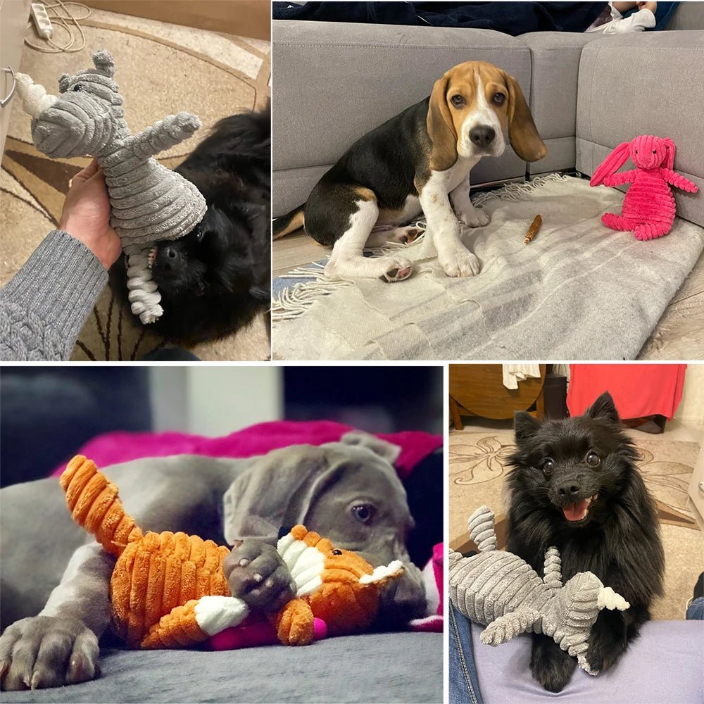 Four grid photos showing various real life dogs including a beagle puppy biting and playing with the corduroy animal toys