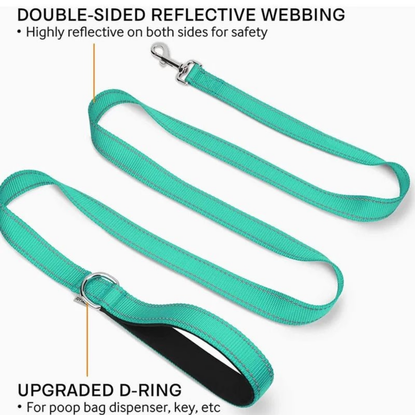 Product graphic demonstrating the double sided reflective webbing and an upgraded D ring loop for accessory attachment