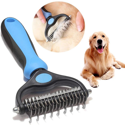 Dual-action deshedding brush for dogs – blue handle with stainless blades