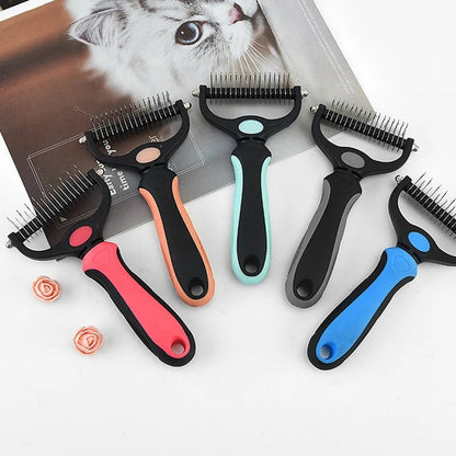 Deshedding brushes in pink, red, blue – dual-blade grooming tools