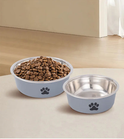 Two durable stainless steel pet dishes filled with dog food and water side by side