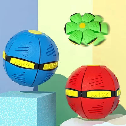 A display showcases a blue ball shape variant a green flat disc variant and a red sphere variant resting on product displays