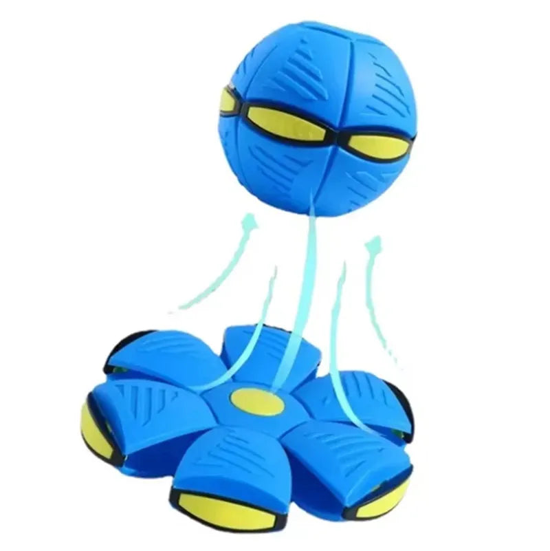 A bright blue transforming dog toy showing a sphere ball shape popping out and expanding down into a flat flying saucer disc format with motion lines