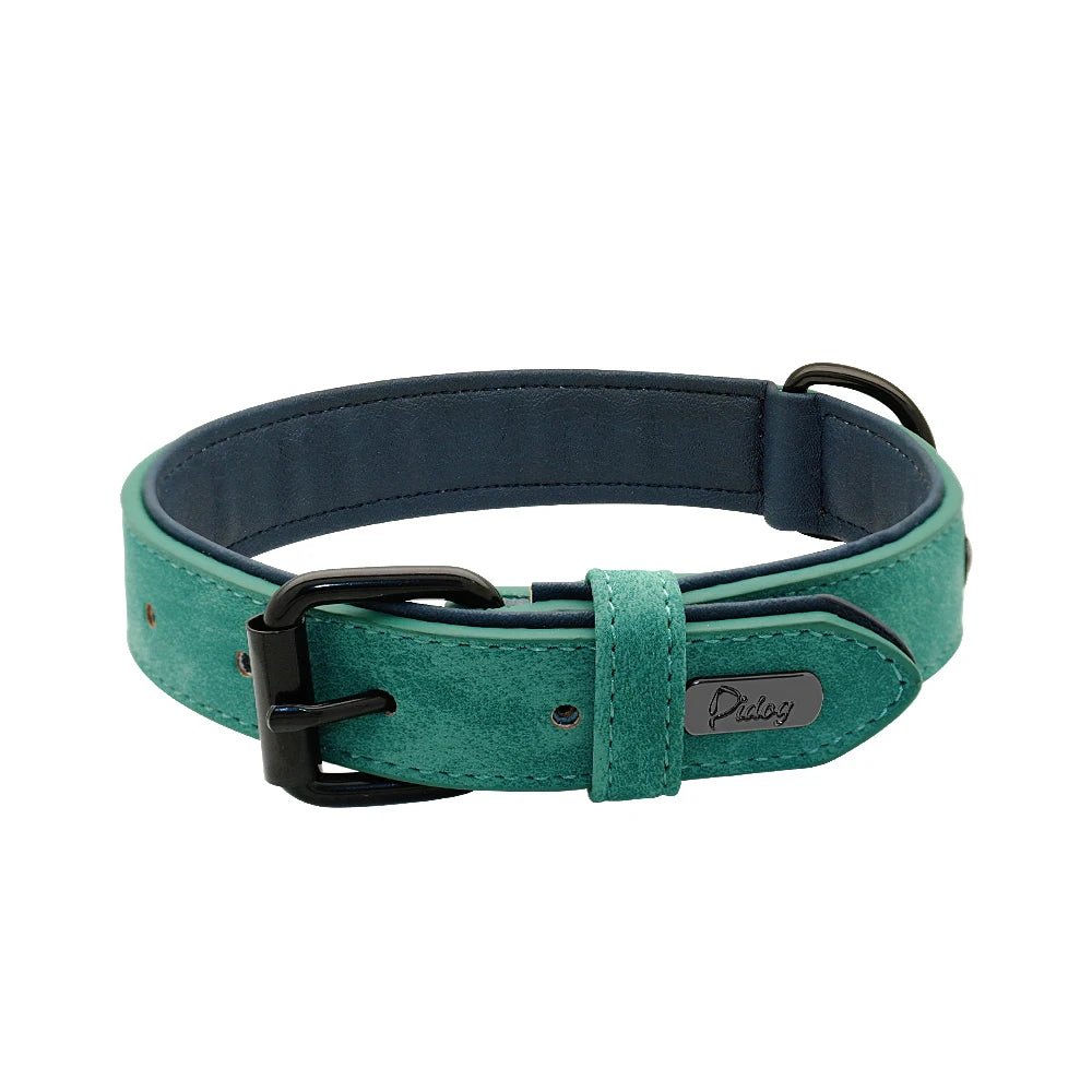 An olive green padded synthetic leather dog collar with black adjustment notches