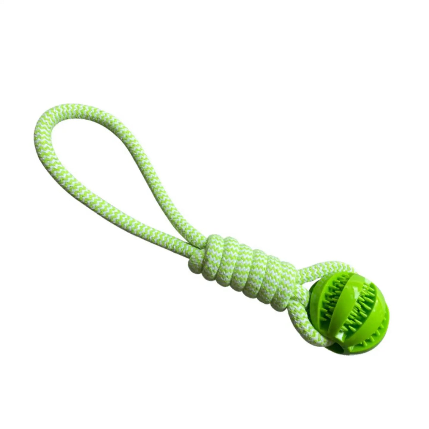 Front view of the standalone green braided fiber rope loop toy attached to a dark green textured rubber ball