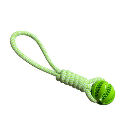 Front view of the standalone green braided fiber rope loop toy attached to a dark green textured rubber ball