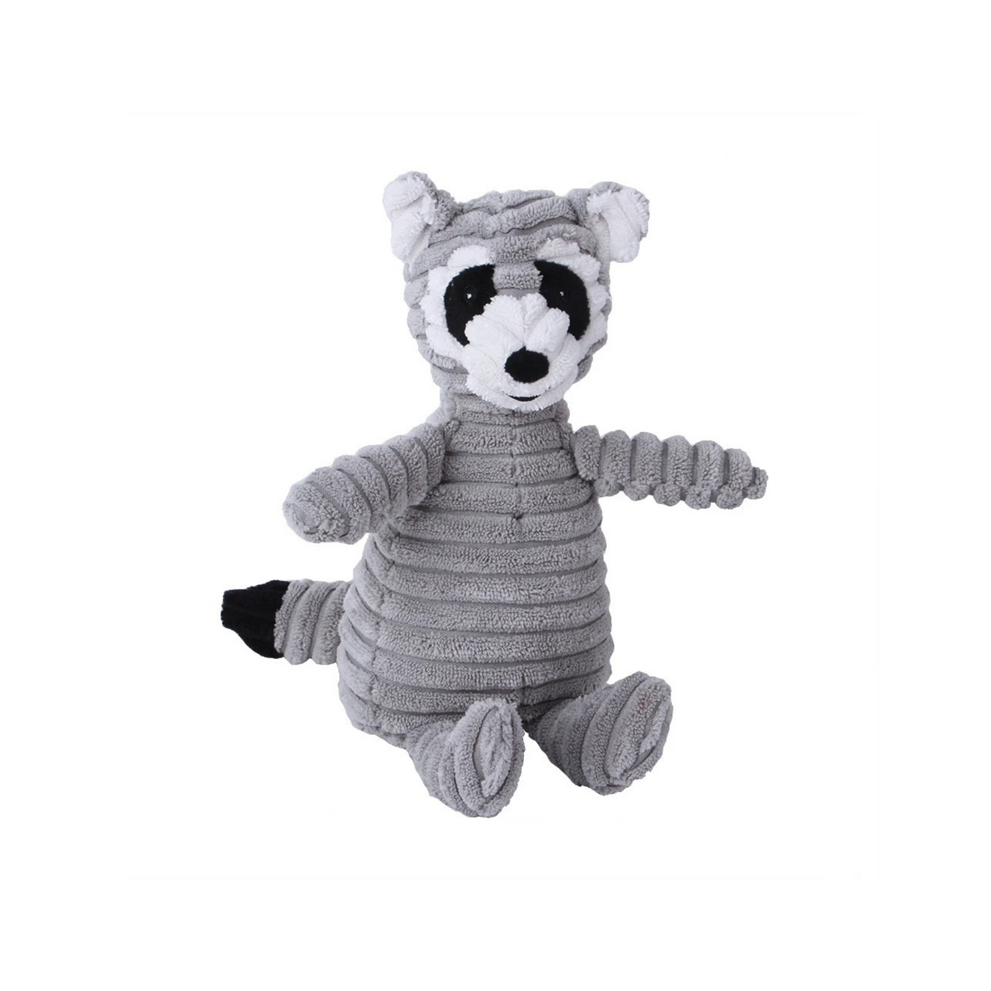 A standalone grey corduroy plush raccoon dog toy with a striped tail