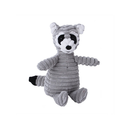 A standalone grey corduroy plush raccoon dog toy with a striped tail