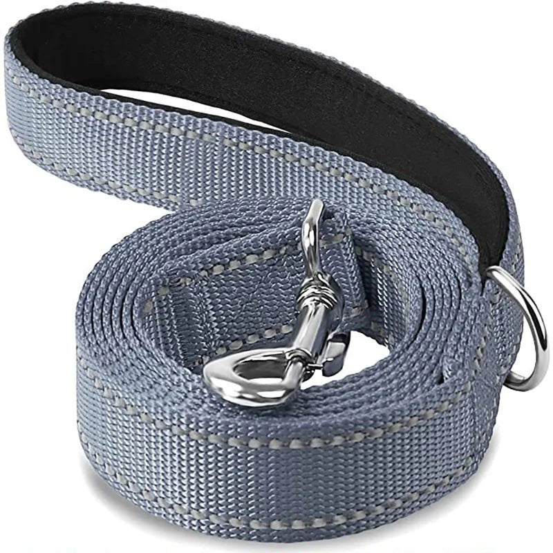 Coiled charcoal grey reflective nylon dog leash with black padded grip handle
