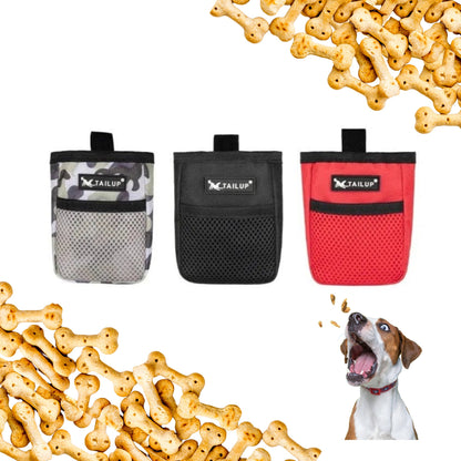 Three dog training treat pouches in camo, black, and red with a happy dog and treats scattered around