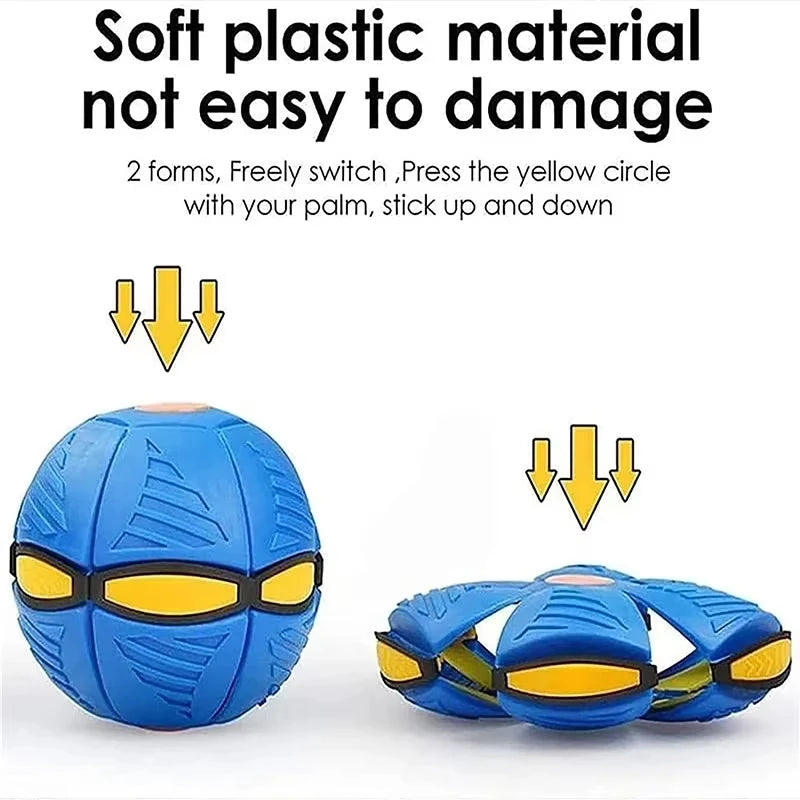 Product graphic demonstrating how pressing the yellow circle on the soft plastic ball transforms it down into a flat disc format