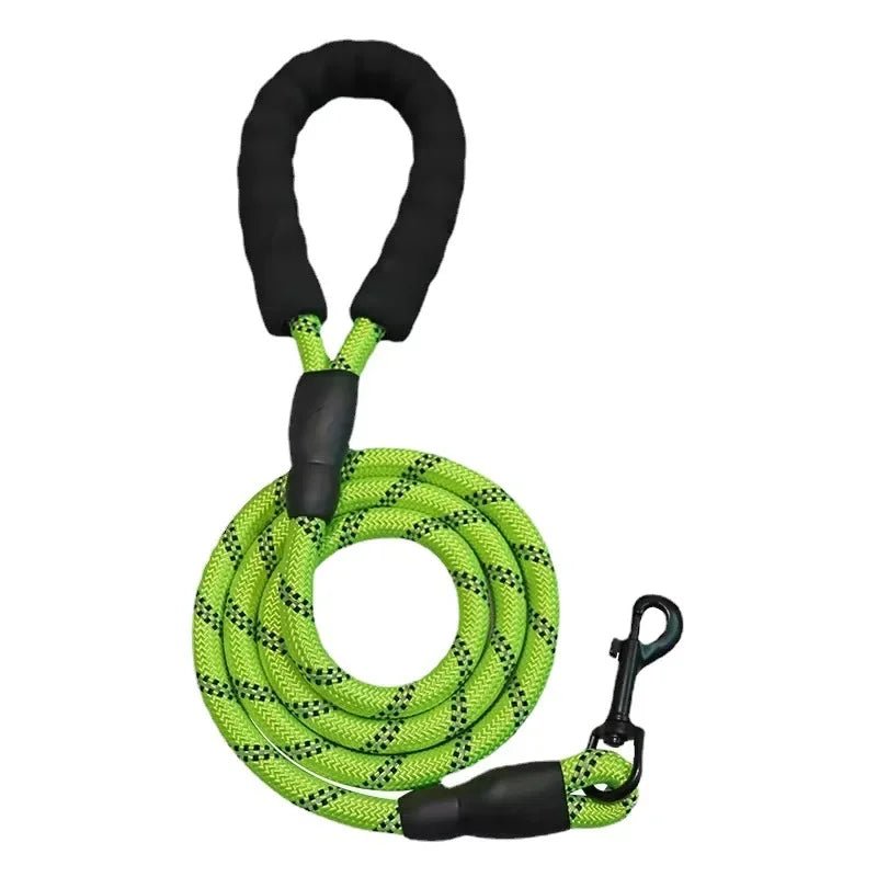 Coiled bright lime green reflective nylon rope dog leash