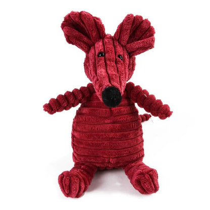 A standalone deep maroon red corduroy plush mouse dog toy with large rounded ears