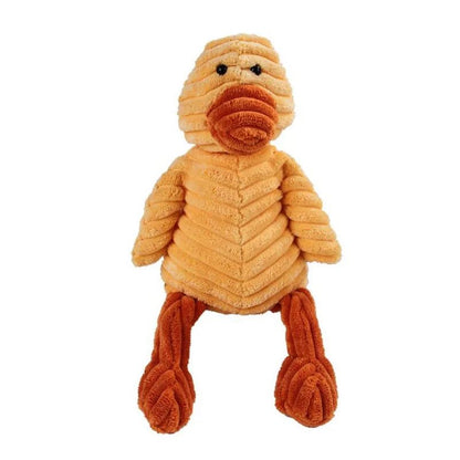 A standalone mustard yellow corduroy plush duck dog toy with small wings