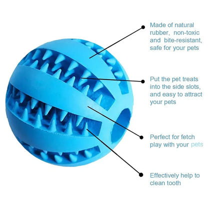 An informative diagram pointing out the non toxic natural rubber build treat loading side slots and tooth cleaning grooves of a blue toy ball