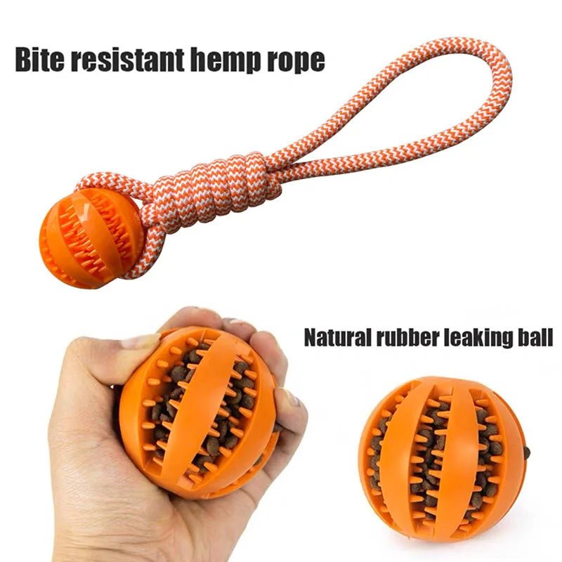 Infographic panel showing a dog toy with a bite resistant hemp rope section and a close up of the textured natural rubber leaking ball