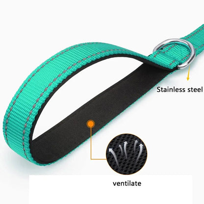Close up diagram highlighting the breathable neoprene padded handle and strong stainless steel attachment loop