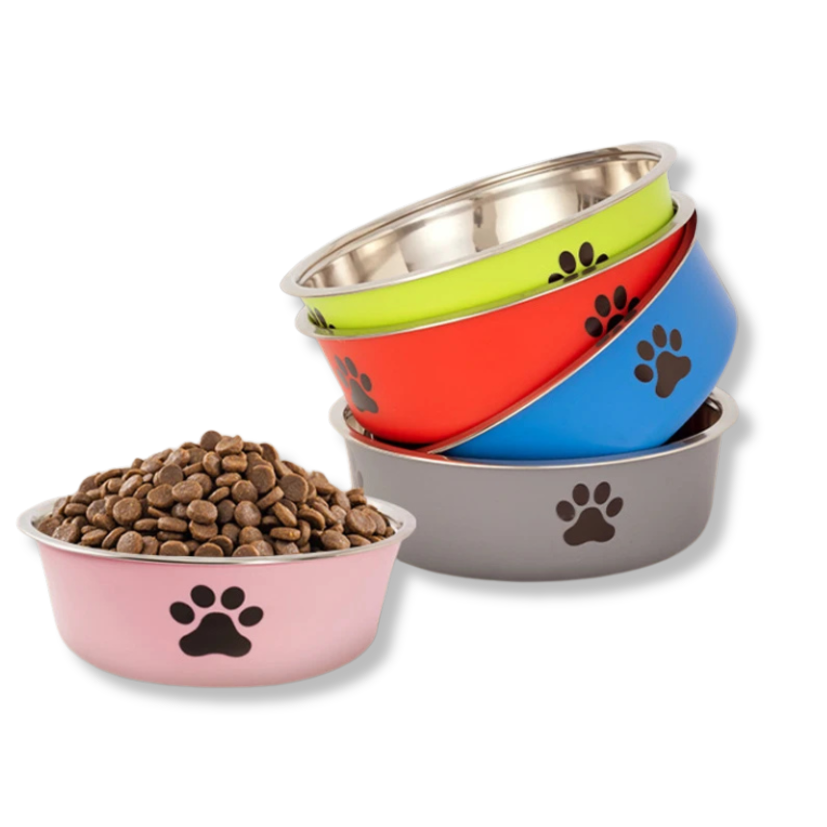 Vibrant multi-colored non-slip stainless steel dog bowls stacked together with one filled with kibble