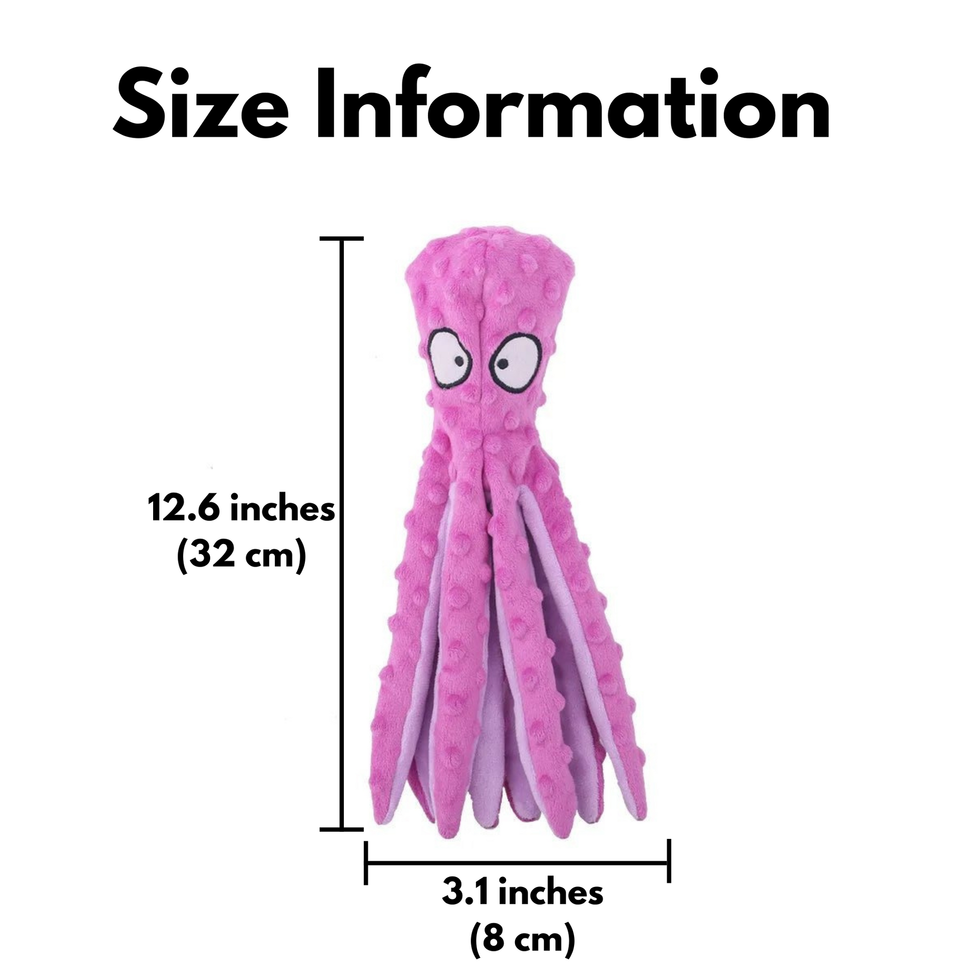 Product measurement graphic showing a purple octopus toy stands twelve point six inches tall and three point one inches wide