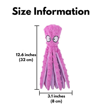 Product measurement graphic showing a purple octopus toy stands twelve point six inches tall and three point one inches wide