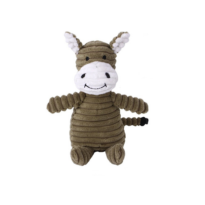 A standalone olive green corduroy plush donkey dog toy with small ears
