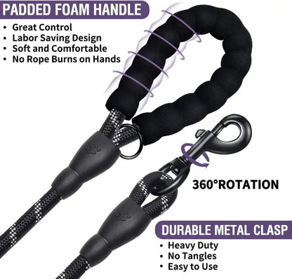 Technical product diagram pointing out the padded foam handle three hundred sixty degree rotation and durable metal clasp