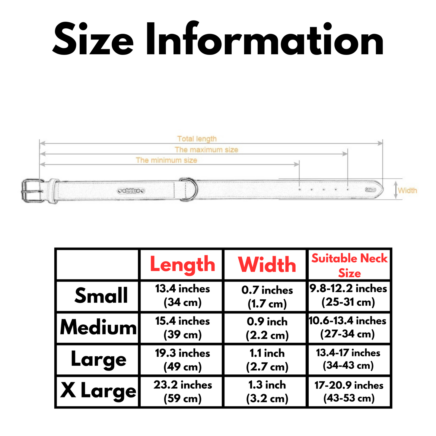 Official size chart listing length width and neck measurements for small medium large and x large dog collars