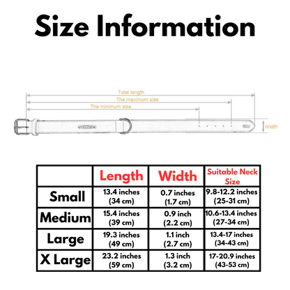 Official size chart listing length width and neck measurements for small medium large and x large dog collars