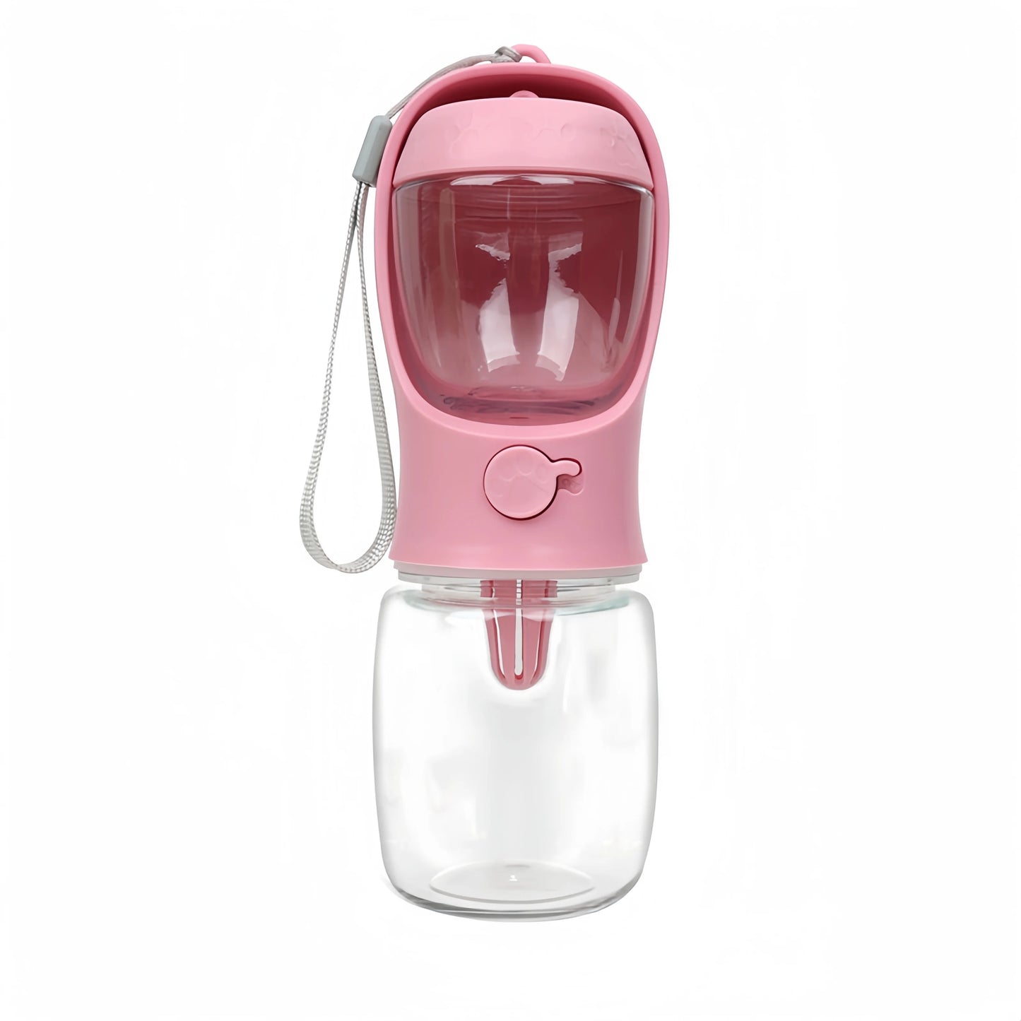 Standalone front view of the pastel pink 2-in-1 dog travel water bottle and snack carrier