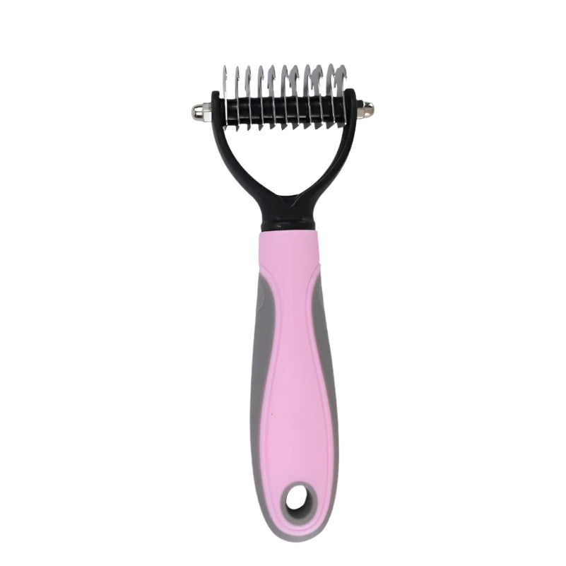 Dual-sided pink deshedding brush for dogs and cats
