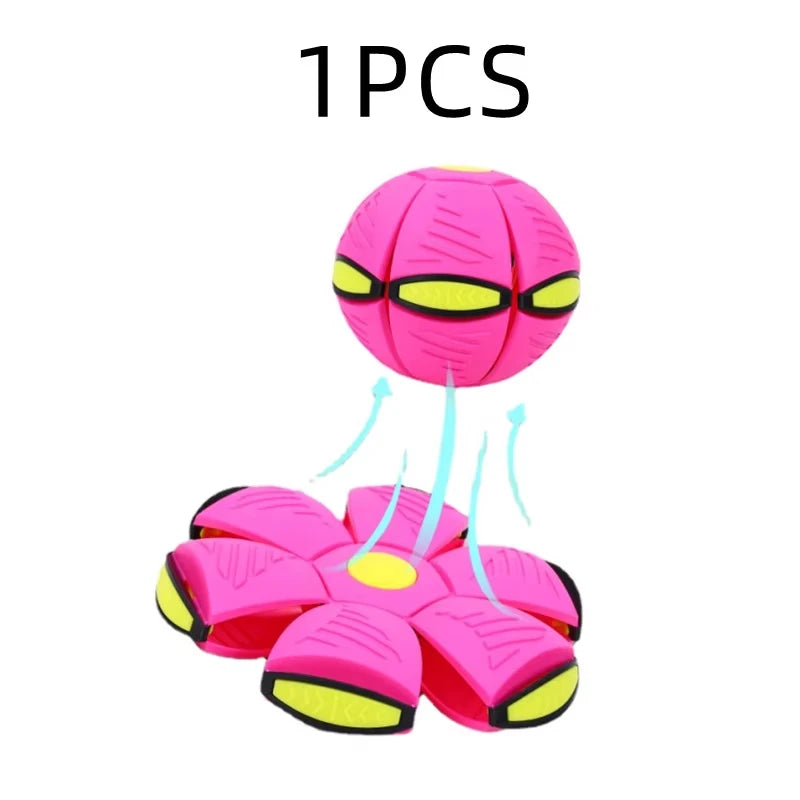 A standalone product shot displaying one piece of the pink and purple transforming saucer ball showing both states