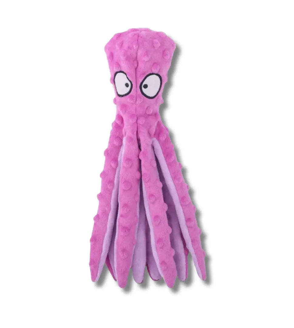 Front view of the standalone pink mesh octopus dog toy against a plain white background