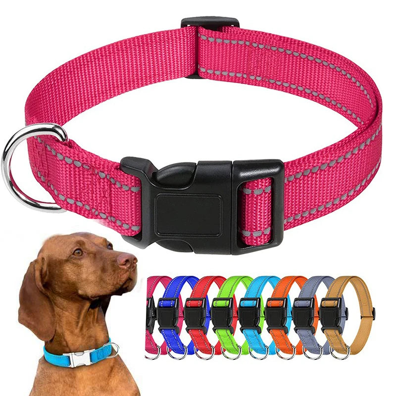 Pink reflective dog collar with snap buckle, shown with full color range and dog model