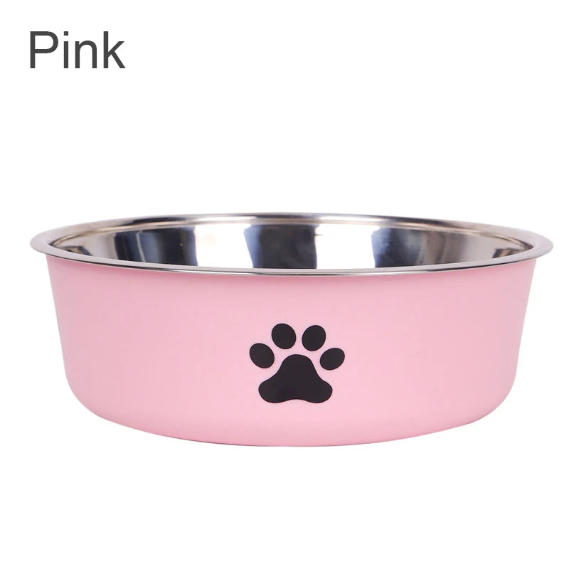 light pink non-slip stainless steel dog bowl with paw print icon